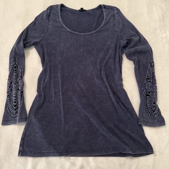 Torrid Cotton Modal Top Sz 2 Rib Scoop Neck Crochet Long Sleeve Indigo Blue Boho - Picture 1 of 7